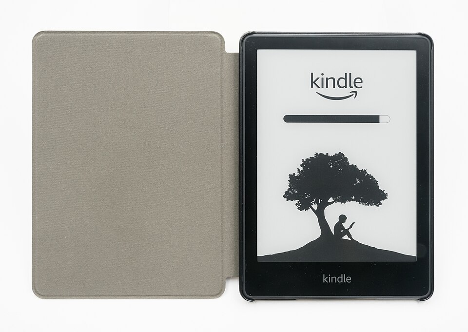 Kindle Paperwhite e-reader showing a book cover